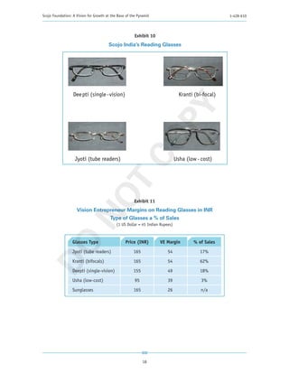 Scojo Foundation: A Vision for Growth at the Base of the Pyramid                                     1-428-610




                                                       Exhibit 10
                                       Scojo India’s Reading Glasses




                  Dee pti (single - vision)                                      Kranti (bi-focal)




                                                       PY
                   Jyoti (tube readers)              CO                        Usha (low - cost)
                        T
                      NO

                                                       Exhibit 11
                    Vision Entrepreneur Margins on Reading Glasses in INR
                                        Type of Glasses a % of Sales
                                            (1 US Dollar = 45 Indian Rupees)



                  Glasses Type                   Price (INR)        VE Margin          % of Sales
DO




                  Jyoti (tube readers)                165                54               17%

                  Kranti (bifocals)                   165                54               62%
                  Deepti (single-vision)              155                49               18%

                  Usha (low-cost)                      95                39                3%
                  Sunglasses                          165                26                n/a




                                                            18
 