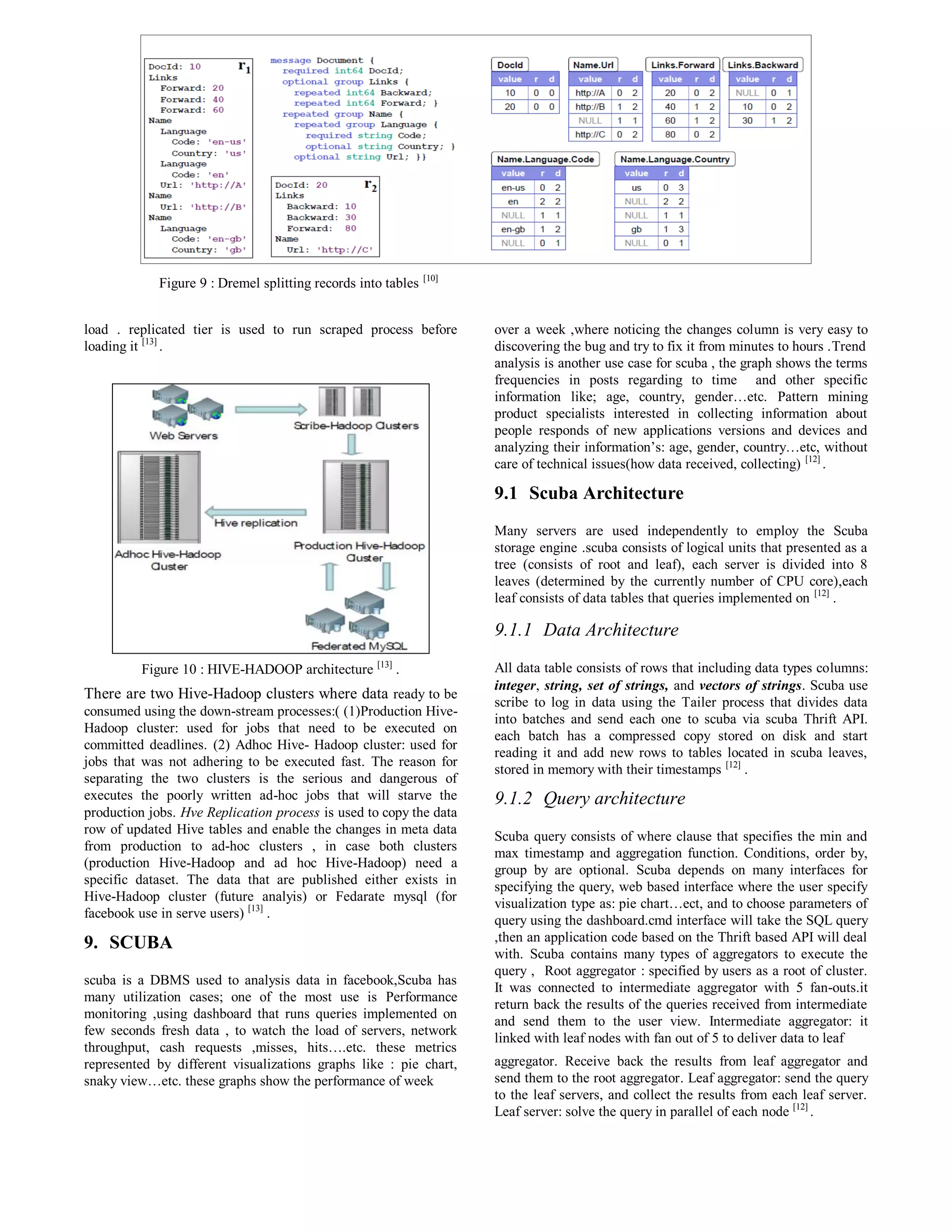 Figure 9 : Dremel splitting records into tables [10]
load . replicated tier is used to run scraped process before
loading it [13]
.
Figure 10 : HIVE-HADOOP architecture [13]
.
There are two Hive-Hadoop clusters where data ready to be
consumed using the down-stream processes:( (1)Production Hive-
Hadoop cluster: used for jobs that need to be executed on
committed deadlines. (2) Adhoc Hive- Hadoop cluster: used for
jobs that was not adhering to be executed fast. The reason for
separating the two clusters is the serious and dangerous of
executes the poorly written ad-hoc jobs that will starve the
production jobs. Hve Replication process is used to copy the data
row of updated Hive tables and enable the changes in meta data
from production to ad-hoc clusters , in case both clusters
(production Hive-Hadoop and ad hoc Hive-Hadoop) need a
specific dataset. The data that are published either exists in
Hive-Hadoop cluster (future analyis) or Fedarate mysql (for
facebook use in serve users) [13]
.
9. SCUBA
scuba is a DBMS used to analysis data in facebook,Scuba has
many utilization cases; one of the most use is Performance
monitoring ,using dashboard that runs queries implemented on
few seconds fresh data , to watch the load of servers, network
throughput, cash requests ,misses, hits….etc. these metrics
represented by different visualizations graphs like : pie chart,
snaky view…etc. these graphs show the performance of week
over a week ,where noticing the changes column is very easy to
discovering the bug and try to fix it from minutes to hours .Trend
analysis is another use case for scuba , the graph shows the terms
frequencies in posts regarding to time and other specific
information like; age, country, gender…etc. Pattern mining
product specialists interested in collecting information about
people responds of new applications versions and devices and
analyzing their information’s: age, gender, country…etc, without
care of technical issues(how data received, collecting) [12]
.
9.1 Scuba Architecture
Many servers are used independently to employ the Scuba
storage engine .scuba consists of logical units that presented as a
tree (consists of root and leaf), each server is divided into 8
leaves (determined by the currently number of CPU core),each
leaf consists of data tables that queries implemented on [12]
.
9.1.1 Data Architecture
All data table consists of rows that including data types columns:
integer, string, set of strings, and vectors of strings. Scuba use
scribe to log in data using the Tailer process that divides data
into batches and send each one to scuba via scuba Thrift API.
each batch has a compressed copy stored on disk and start
reading it and add new rows to tables located in scuba leaves,
stored in memory with their timestamps [12]
.
9.1.2 Query architecture
Scuba query consists of where clause that specifies the min and
max timestamp and aggregation function. Conditions, order by,
group by are optional. Scuba depends on many interfaces for
specifying the query, web based interface where the user specify
visualization type as: pie chart…ect, and to choose parameters of
query using the dashboard.cmd interface will take the SQL query
,then an application code based on the Thrift based API will deal
with. Scuba contains many types of aggregators to execute the
query , Root aggregator : specified by users as a root of cluster.
It was connected to intermediate aggregator with 5 fan-outs.it
return back the results of the queries received from intermediate
and send them to the user view. Intermediate aggregator: it
linked with leaf nodes with fan out of 5 to deliver data to leaf
aggregator. Receive back the results from leaf aggregator and
send them to the root aggregator. Leaf aggregator: send the query
to the leaf servers, and collect the results from each leaf server.
Leaf server: solve the query in parallel of each node [12]
.
 
