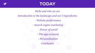 TODAY
Hello and who we are
Introduction to the landscape and our 5 ingredients:
- Website performance
- Search engine marketing
- Power of social
- The app economy
- Personalisation
Conclusion
 