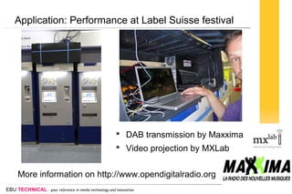 EBU TECHNICAL - your reference in media technology and innovation
Application: Performance at Label Suisse festival
 DAB ...