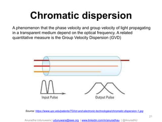 Chromatic dispersion
A phenomenon that the phase velocity and group velocity of light propagating
in a transparent medium depend on the optical frequency. A related
quantitative measure is the Group Velocity Dispersion (GVD)

Source: https://www.upc.edu/patents/TO/ict-and-electronic-technologies/chromatic-dispersion-1.jpg
21

Anuradha Udunuwara | udunuwara@ieee.org | www.linkedin.com/in/anuradhau | @AnuradhU

 