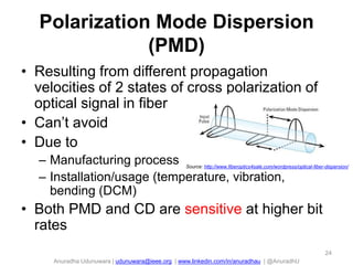 Polarization Mode Dispersion
(PMD)
• Resulting from different propagation
velocities of 2 states of cross polarization of
optical signal in fiber
• Can’t avoid
• Due to
– Manufacturing process
– Installation/usage (temperature, vibration,
bending (DCM)

Source: http://www.fiberoptics4sale.com/wordpress/optical-fiber-dispersion/

• Both PMD and CD are sensitive at higher bit
rates
24

Anuradha Udunuwara | udunuwara@ieee.org | www.linkedin.com/in/anuradhau | @AnuradhU

 