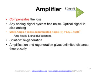 S (signal)
OA

Amplifier

• Compensates the loss
• Any analog signal system has noise. Optical signal is
also analog
• More Amps-> more accumulated noise (N)->S/N->BIR
– Amp keeps Signal (S) constant.

• Solution: re-generation
• Amplification and regeneration gives unlimited distance,
theoretically

28

Anuradha Udunuwara | udunuwara@ieee.org | www.linkedin.com/in/anuradhau | @AnuradhU

 