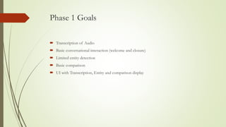 Phase 1 Goals
 Transcription of Audio
 Basic conversational interaction (welcome and closure)
 Limited entity detection...