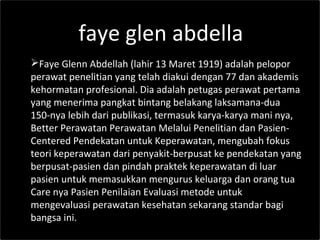 faye glen abdella
Faye Glenn Abdellah (lahir 13 Maret 1919) adalah pelopor
perawat penelitian yang telah diakui dengan 77 dan akademis
kehormatan profesional. Dia adalah petugas perawat pertama
yang menerima pangkat bintang belakang laksamana-dua
150-nya lebih dari publikasi, termasuk karya-karya mani nya,
Better Perawatan Perawatan Melalui Penelitian dan Pasien-
Centered Pendekatan untuk Keperawatan, mengubah fokus
teori keperawatan dari penyakit-berpusat ke pendekatan yang
berpusat-pasien dan pindah praktek keperawatan di luar
pasien untuk memasukkan mengurus keluarga dan orang tua
Care nya Pasien Penilaian Evaluasi metode untuk
mengevaluasi perawatan kesehatan sekarang standar bagi
bangsa ini.
 