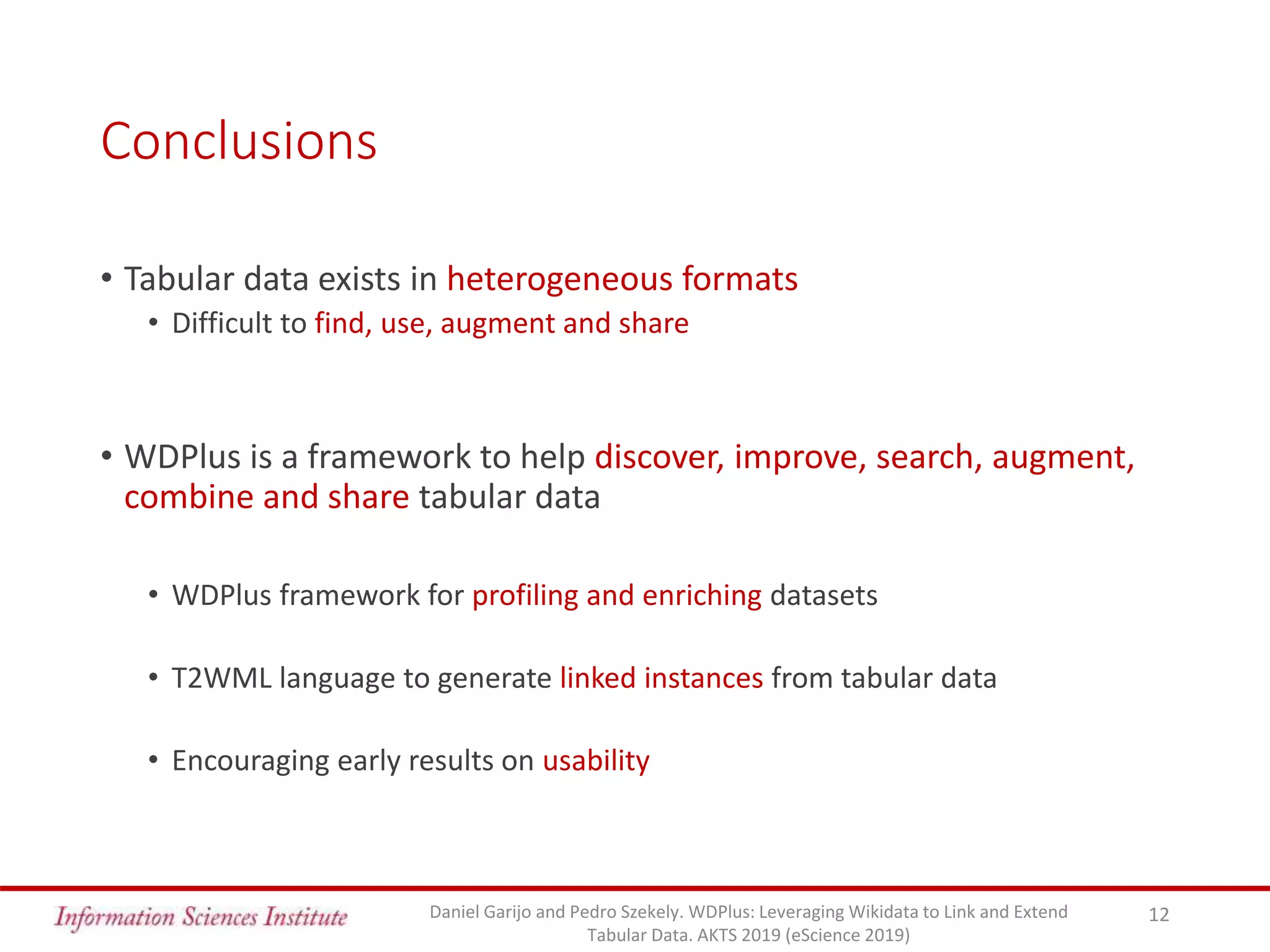 Conclusions
• Tabular data exists in heterogeneous formats
• Difficult to find, use, augment and share
• WDPlus is a framework to help discover, improve, search, augment,
combine and share tabular data
• WDPlus framework for profiling and enriching datasets
• T2WML language to generate linked instances from tabular data
• Encouraging early results on usability
12Daniel Garijo and Pedro Szekely. WDPlus: Leveraging Wikidata to Link and Extend
Tabular Data. AKTS 2019 (eScience 2019)
 