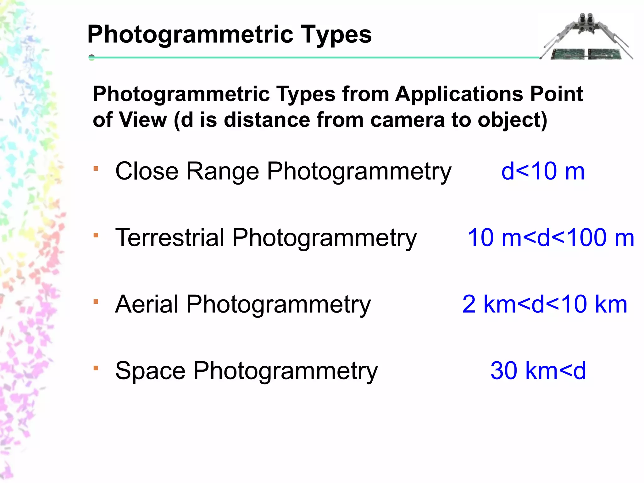 Photogrammetric Types 
Photogrammetric Types from Applications Point 
of View (d is distance from camera to object) 
 Close Range Photogrammetry d<10 m 
 Terrestrial Photogrammetry 10 m<d<100 m 
 Aerial Photogrammetry 2 km<d<10 km 
 Space Photogrammetry 30 km<d 
 