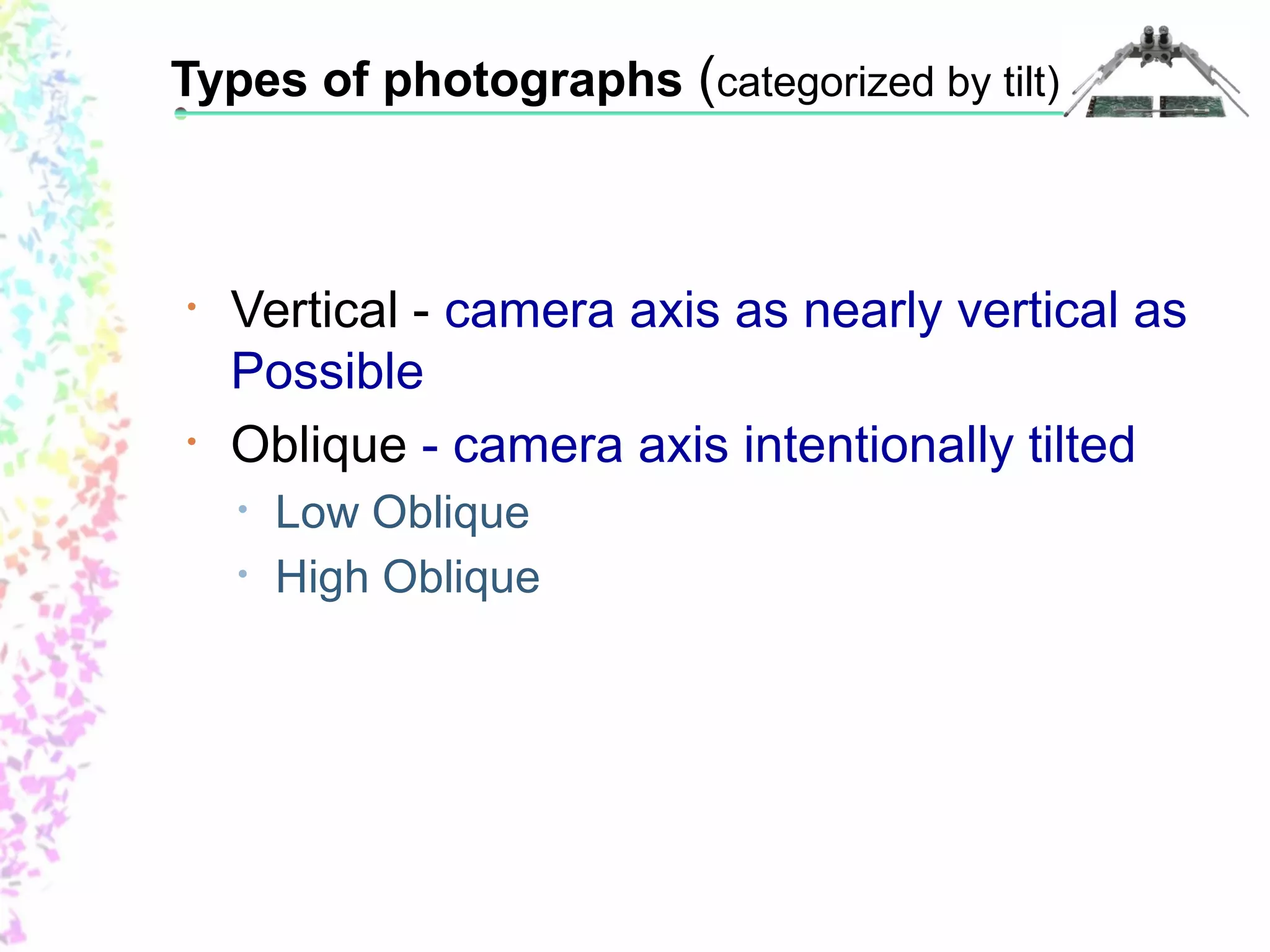 Types of photographs (categorized by tilt) 
• Vertical - camera axis as nearly vertical as 
Possible 
• Oblique - camera axis intentionally tilted 
• Low Oblique 
• High Oblique 
 