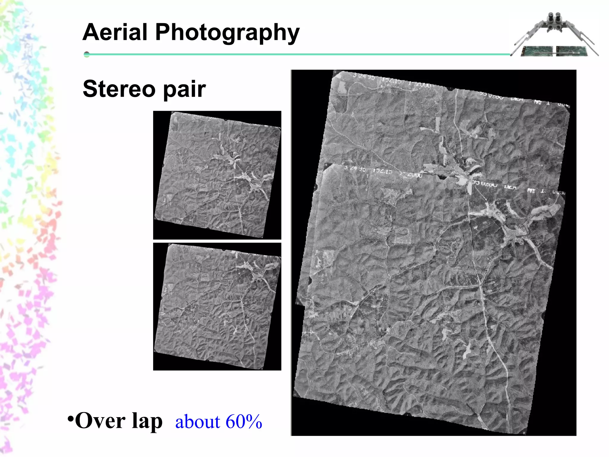 Aerial Photography 
Stereo pair 
•Over lap about 60% 
 