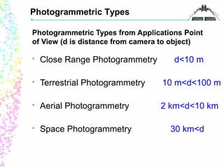 Photogrammetric Types 
Photogrammetric Types from Applications Point 
of View (d is distance from camera to object) 
 Close Range Photogrammetry d<10 m 
 Terrestrial Photogrammetry 10 m<d<100 m 
 Aerial Photogrammetry 2 km<d<10 km 
 Space Photogrammetry 30 km<d 
 