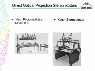 Direct Optical PPrroojjeeccttiioonn SStteerreeoo ppllootttteerrss 
 Nistri Photomultiplex 
Model D III 
 Kelsh Stereoplotter 
 