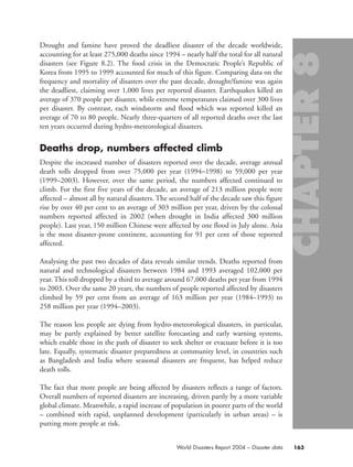 Drought and famine have proved the deadliest disaster of the decade worldwide,
accounting for at least 275,000 deaths since 1994 – nearly half the total for all natural
disasters (see Figure 8.2). The food crisis in the Democratic People’s Republic of
Korea from 1995 to 1999 accounted for much of this figure. Comparing data on the
frequency and mortality of disasters over the past decade, drought/famine was again
the deadliest, claiming over 1,000 lives per reported disaster. Earthquakes killed an
average of 370 people per disaster, while extreme temperatures claimed over 300 lives
per disaster. By contrast, each windstorm and flood which was reported killed an
average of 70 to 80 people. Nearly three-quarters of all reported deaths over the last
ten years occurred during hydro-meteorological disasters.
Deaths drop, numbers affected climb
Despite the increased number of disasters reported over the decade, average annual
death tolls dropped from over 75,000 per year (1994–1998) to 59,000 per year
(1999–2003). However, over the same period, the numbers affected continued to
climb. For the first five years of the decade, an average of 213 million people were
affected – almost all by natural disasters. The second half of the decade saw this figure
rise by over 40 per cent to an average of 303 million per year, driven by the colossal
numbers reported affected in 2002 (when drought in India affected 300 million
people). Last year, 150 million Chinese were affected by one flood in July alone. Asia
is the most disaster-prone continent, accounting for 91 per cent of those reported
affected.
Analysing the past two decades of data reveals similar trends. Deaths reported from
natural and technological disasters between 1984 and 1993 averaged 102,000 per
year. This toll dropped by a third to average around 67,000 deaths per year from 1994
to 2003. Over the same 20 years, the numbers of people reported affected by disasters
climbed by 59 per cent from an average of 163 million per year (1984–1993) to
258 million per year (1994–2003).
The reason less people are dying from hydro-meteorological disasters, in particular,
may be partly explained by better satellite forecasting and early warning systems,
which enable those in the path of disaster to seek shelter or evacuate before it is too
late. Equally, systematic disaster preparedness at community level, in countries such
as Bangladesh and India where seasonal disasters are frequent, has helped reduce
death tolls.
The fact that more people are being affected by disasters reflects a range of factors.
Overall numbers of reported disasters are increasing, driven partly by a more variable
global climate. Meanwhile, a rapid increase of population in poorer parts of the world
– combined with rapid, unplanned development (particularly in urban areas) – is
putting more people at risk.
163World Disasters Report 2004 – Disaster data
chap08 16.8.2004 10:46 Page 163
 