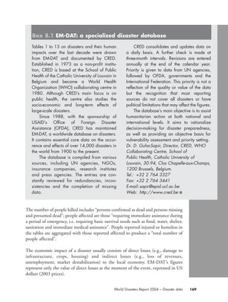 The number of people killed includes “persons confirmed as dead and persons missing
and presumed dead”; people affected are those “requiring immediate assistance during
a period of emergency, i.e. requiring basic survival needs such as food, water, shelter,
sanitation and immediate medical assistance”. People reported injured or homeless in
the tables are aggregated with those reported affected to produce a “total number of
people affected”.
The economic impact of a disaster usually consists of direct losses (e.g., damage to
infrastructure, crops, housing) and indirect losses (e.g., loss of revenues,
unemployment, market destabilization) to the local economy. EM-DAT’s figures
represent only the value of direct losses at the moment of the event, expressed in US
dollars (2003 prices).
169World Disasters Report 2004 – Disaster data
Tables 1 to 13 on disasters and their human
impacts over the last decade were drawn
from EM-DAT and documented by CRED.
Established in 1973 as a non-profit institu-
tion, CRED is based at the School of Public
Health of the Catholic University of Louvain in
Belgium and became a World Health
Organization (WHO) collaborating centre in
1980. Although CRED’s main focus is on
public health, the centre also studies the
socio-economic and long-term effects of
large-scale disasters.
Since 1988, with the sponsorship of
USAID’s Office of Foreign Disaster
Assistance (OFDA), CRED has maintained
EM-DAT, a worldwide database on disasters.
It contains essential core data on the occur-
rence and effects of over 14,000 disasters in
the world from 1900 to the present.
The database is compiled from various
sources, including UN agencies, NGOs,
insurance companies, research institutes
and press agencies. The entries are con-
stantly reviewed for redundancies, incon-
sistencies and the completion of missing
data.
CRED consolidates and updates data on
a daily basis. A further check is made at
three-month intervals. Revisions are entered
annually at the end of the calendar year.
Priority is given to data from UN agencies,
followed by OFDA, governments and the
International Federation. This priority is not a
reflection of the quality or value of the data
but the recognition that most reporting
sources do not cover all disasters or have
political limitations that may affect the figures.
The database’s main objective is to assist
humanitarian action at both national and
international levels. It aims to rationalize
decision-making for disaster preparedness,
as well as providing an objective basis for
vulnerability assessment and priority setting.
Dr. D. Guha-Sapir, Director, CRED, WHO
Collaborating Centre, School of
Public Health, Catholic University of
Louvain, 30.94, Clos Chapelle-aux-Champs,
1200 Brussels, Belgium.
Tel.: +32 2 764 3327
Fax: +32 2 764 3441
E-mail:sapir@epid.ucl.ac.be
Web: http://www.cred.be ■
Box 8.1 EM-DAT: a specialized disaster database
chap08 16.8.2004 10:46 Page 169
 