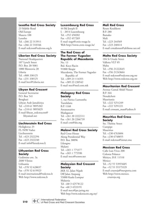 210
Lesotho Red Cross Society
23 Mabile Road
Old Europe
Maseru 100
Lesotho
Tel. +266 22 313911
Fax +266 22 310166
E-mail redcross@redcross.org.ls
Liberian Red Cross Society
National Headquarters
107 Lynch Street
P.O. Box 20-5081
1000 Monrovia 20
Liberia
Tel. +888 330125
Fax +231 330125
E-mail lnrc@Liberia.net
Libyan Red Crescent
General Secretariat
P.O. Box 541
Benghazi
Libyan Arab Jamahiriya
Tel. +218 61 9095202
Fax +218 61 9095829
E-mail libyan_redcrescent@
libyamail.net
Liechtenstein Red Cross
Heiligkreuz 25
FL-9490 Vaduz
Liechtenstein
Tel. +423 2322294
Fax +423 2322240
E-mail info@lieredcross.li
Lithuanian Red Cross
Society
Gedimino ave. 3a
2600 Vilnius
Lithuania
Tel. +370 52 628037
Fax +370 52 619923
E-mail international@redcross.lt
Web http://www.redcross.lt
Luxembourg Red Cross
44 Bd Joseph II
L - 2014 Luxembourg
Tel. +352 450202
Fax +352 457269
E-mail siege@croix-rouge.lu
Web http://www.croix-rouge.lu/
The Red Cross of
The Former Yugoslav
Republic of Macedonia
No. 13
Bul. Koco Racin
91000 Skopje
Macedonia, The Former Yugoslav
Republic of
Tel. +389 23 114355
Fax +389 23 230542
E-mail mrc@mol.com.mk
Malagasy Red Cross
Society
1, rue Patrice Lumumba
Tsaralalana
B.P. 1168
Antananarivo
Madagascar
Tel. +261 20 2222111
Fax +261 20 2266739
E-mail crm@dts.mg
Malawi Red Cross Society
Red Cross House
Along Presidential Way
P.O. Box 30096
Lilongwe
Malawi
Tel. +265 1 775377
Fax +265 1 775590
E-mail mrcs@eomw.net
Malaysian Red Crescent
Society
JKR 32, Jalan Nipah
Off Jalan Ampang
55000 Kuala Lumpur
Malaysia
Tel. +60 3 42578122
Fax +60 3 4533191
E-mail mrcs@po.jaring.my
Web http://www.redcrescent.org.my/
Mali Red Cross
Route Koulikoro
B.P. 280
Bamako
Mali
Tel. +223 244569
Fax +223 240414
E-mail crmalienne@afribone.net.ml
Malta Red Cross Society
104 St Ursula Street
Valletta VLT 05
Malta
Tel. +356 21222645
Fax +356 21243664
E-mail redcross@redcross.org.mt
Web http://www.redcross.org.mt
Mauritanian Red Crescent
Avenue Gamal Abdel Nasser
B.P. 344
Nouakchott
Mauritania
Tel. +222 5251249
Fax +222 5291221
E-mail crossant_mau@yahoo.fr
Mauritius Red Cross
Society
Ste. Thérèse Street
Curepipe
Mauritius
Tel. +230 6763604
Fax +230 6748855
E-mail redcross@intnet.mu
Mexican Red Cross
Calle Luis Vives 200
Colonia Polanco
México, D.F. 11510
Mexico
Tel. +52 55 53955605
Fax +52 55 55575529
E-mail cruzroja@mexporta.com
Web http://www.mexico.
cruzroja.org
chap09 16.8.2004 10:48 Page 210
 