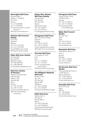 212
Norwegian Red Cross
Hausmannsgate 7
Postbox 1 – Gronland
0133 Oslo
Norway
Tel. +47 22054000
Fax +47 22054040
E-mail documentation.center@
redcross.no
Web http://www.redcross.no
Pakistan Red Crescent
Society
Sector H-8
Islamabad
Pakistan
Tel. +92 51 9257404
Fax +92 51 9257408
E-mail hilal@comsats.net.pk
Web http://www.prcs.org.pk
Palau Red Cross Society
P.O. Box 6043
Koror 96940
Republic of Palau
Tel. +680 4885780
Fax +680 4884540
E-mail palredcross@palaunet.com
Red Cross Society
of Panama
Albrook, Areas Revertidas
Calle Principal
Edificio # 453
Apartado 668
Zona 1
Panama
Tel. +507 3151389
Fax +507 3151401
E-mail cruzroja@pan.gbm.net
Web http://www.panama.
cruzroja.org
Papua New Guinea
Red Cross Society
Taurama Road
Port Moresby
P.O. Box 6545
Boroko
Papua New Guinea
Tel. +675 3258577
Fax +675 3259714
E-mail hqpngrcs@online.net.pg
Paraguayan Red Cross
Brasil 216 esq. José Berges
Asunción
Paraguay
Tel. +595 21 222797
Fax +595 21 211560
E-mail crpveids@uninet.com.py
Web http://www.cruzroja.org.py
Peruvian Red Cross
Av. Arequipa N° 1285
Lima
Peru
Tel. +51 1 2658783
Fax +51 1 4710701
E-mail cruzrojaperuana@
cruzroja.org.pe
Web http://www.cruzroja.org.pe
The Philippine National
Red Cross
Bonifacio Drive
Port Area
P.O. Box 280
Manila 2803
Philippines
Tel. +63 2 5278386
Fax +63 2 5270857
E-mail pnrcnhq@redcross.org.ph
Polish Red Cross
Mokotowska 14
P.O. Box 47
00-950 Warsaw
Poland
Tel. +48 22 3261286
Fax +48 22 6284168
E-mail head.office@pck.org.pl
Web http://www.pck.org.pl
Portuguese Red Cross
Campo Grande, 28-6th
1700-093 Lisboa
Portugal
Tel. +351 21 3905571
Fax +351 21 7822454
E-mail internacional@
cruzvermelha.org.pt
Qatar Red Crescent
Society
P.O. Box 5449
Doha
Qatar
Tel. +974 4 435111
Fax +974 4 439950
E-mail info@qrcs.net
Romanian Red Cross
Strada Biserica Amzei, 29
Sector 1
Bucarest
Romania
Tel. +40 21 2129862
Fax +40 21 3128452
E-mail crr@xnet.ro
The Russian Red Cross
Society
Tcheryomushkinski Proezd 5
117036 Moscow
Russian Federation
Tel. +7 095 1265731
Fax +7 095 3107048
E-mail mail@redcross.ru
Rwandan Red Cross
B.P. 425, Kacyiru
Kigali
Rwanda
Tel. +250 585446
Fax +250 585449
E-mail rrc@rwandate11.com
chap09 16.8.2004 10:48 Page 212
 