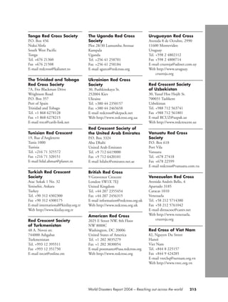 215World Disasters Report 2004 – Reaching out across the world
Tonga Red Cross Society
P.O. Box 456
Nuku’Alofa
South West Pacific
Tonga
Tel. +676 21360
Fax +676 21508
E-mail redcross@kalianet.to
The Trinidad and Tobago
Red Cross Society
7A, Fitz Blackman Drive
Wrightson Road
P.O. Box 357
Port of Spain
Trinidad and Tobago
Tel. +1 868 6278128
Fax +1 868 6278215
E-mail ttrcs@carib-link.net
Tunisian Red Crescent
19, Rue d’Angleterre
Tunis 1000
Tunisia
Tel. +216 71 325572
Fax +216 71 320151
E-mail hilal.ahmar@planet.tn
Turkish Red Crescent
Society
Atac Sokak 1 No. 32
Yenisehir, Ankara
Turkey
Tel. +90 312 4302300
Fax +90 312 4300175
E-mail international@kizilay.org.tr
Web http://www.kizilay.org.tr
Red Crescent Society
of Turkmenistan
48 A. Novoi str.
744000 Ashgabat
Turkmenistan
Tel. +993 12 395511
Fax +993 12 351750
E-mail nrcst@online.tm
The Uganda Red Cross
Society
Plot 28/30 Lumumba Avenue
Kampala
Uganda
Tel. +256 41 258701
Fax +256 41 258184
E-mail sgurcs@redcross.org
Ukrainian Red Cross
Society
30, Pushkinskaya St.
252004 Kiev
Ukraine
Tel. +380 44 2350157
Fax +380 44 2465658
E-mail redcross@ukrpack.net
Web http://www.redcross.org.ua
Red Crescent Society of
the United Arab Emirates
P.O. Box 3324
Abu Dhabi
United Arab Emirates
Tel. +9 712 6419000
Fax +9 712 6420101
E-mail hilalrc@emirates.net.ae
British Red Cross
9 Grosvenor Crescent
London SW1X 7EJ
United Kingdom
Tel. +44 207 2355454
Fax +44 207 2456315
E-mail information@redcross.org.uk
Web http://www.redcross.org.uk
American Red Cross
2025 E Street NW, 8th Floor
NW 8088C
Washington, DC 20006
United States of America
Tel. +1 202 3035279
Fax +1 202 3030054
E-mail postmaster@usa.redcross.org
Web http://www.redcross.org
Uruguayan Red Cross
Avenida 8 de Octubre, 2990
11600 Montevideo
Uruguay
Tel. +598 2 4802112
Fax +598 2 4800714
E-mail cruzroja@adinet.com.uy
Web http://www.uruguay.
cruzroja.org
Red Crescent Society
of Uzbekistan
30, Yusuf Hos Hojib St.
700031 Tashkent
Uzbekistan
Tel. +988 712 563741
Fax +988 712 561801
E-mail RCUZ@uzpak.uz
Web http://www.redcrescent.uz
Vanuatu Red Cross
Society
P.O. Box 618
Port Vila
Vanuatu
Tel. +678 27418
Fax +678 22599
E-mail redcross@vanuatu.com.vu
Venezuelan Red Cross
Avenida Andrés Bello, 4
Apartado 3185
Caracas 1010
Venezuela
Tel. +58 212 5714380
Fax +58 212 5761042
E-mail dirnacsoc@cantv.net
Web http://www.venezuela.
cruzroja.org
Red Cross of Viet Nam
82, Nguyen Du Street
Hanoï
Viet Nam
Tel. +844 8 225157
Fax +844 9 424285
E-mail vnrchq@netnam.org.vn
Web http://www.vnrc.org.vn
chap09 16.8.2004 10:48 Page 215
 