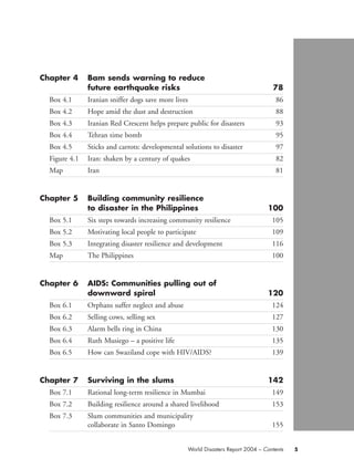 Chapter 4 Bam sends warning to reduce
future earthquake risks 78
Box 4.1 Iranian sniffer dogs save more lives 86
Box 4.2 Hope amid the dust and destruction 88
Box 4.3 Iranian Red Crescent helps prepare public for disasters 93
Box 4.4 Tehran time bomb 95
Box 4.5 Sticks and carrots: developmental solutions to disaster 97
Figure 4.1 Iran: shaken by a century of quakes 82
Map Iran 81
Chapter 5 Building community resilience
to disaster in the Philippines 100
Box 5.1 Six steps towards increasing community resilience 105
Box 5.2 Motivating local people to participate 109
Box 5.3 Integrating disaster resilience and development 116
Map The Philippines 100
Chapter 6 AIDS: Communities pulling out of
downward spiral 120
Box 6.1 Orphans suffer neglect and abuse 124
Box 6.2 Selling cows, selling sex 127
Box 6.3 Alarm bells ring in China 130
Box 6.4 Ruth Musiego – a positive life 135
Box 6.5 How can Swaziland cope with HIV/AIDS? 139
Chapter 7 Surviving in the slums 142
Box 7.1 Rational long-term resilience in Mumbai 149
Box 7.2 Building resilience around a shared livelihood 153
Box 7.3 Slum communities and municipality
collaborate in Santo Domingo 155
5World Disasters Report 2004 – Contents
WDR2004-pages 1 to 9 16.8.2004 10:43 Page 5
 
