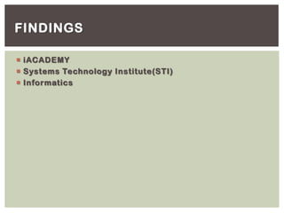  iACADEMY
 Systems Technology Institute(STI)
 Informatics
FINDINGS
 