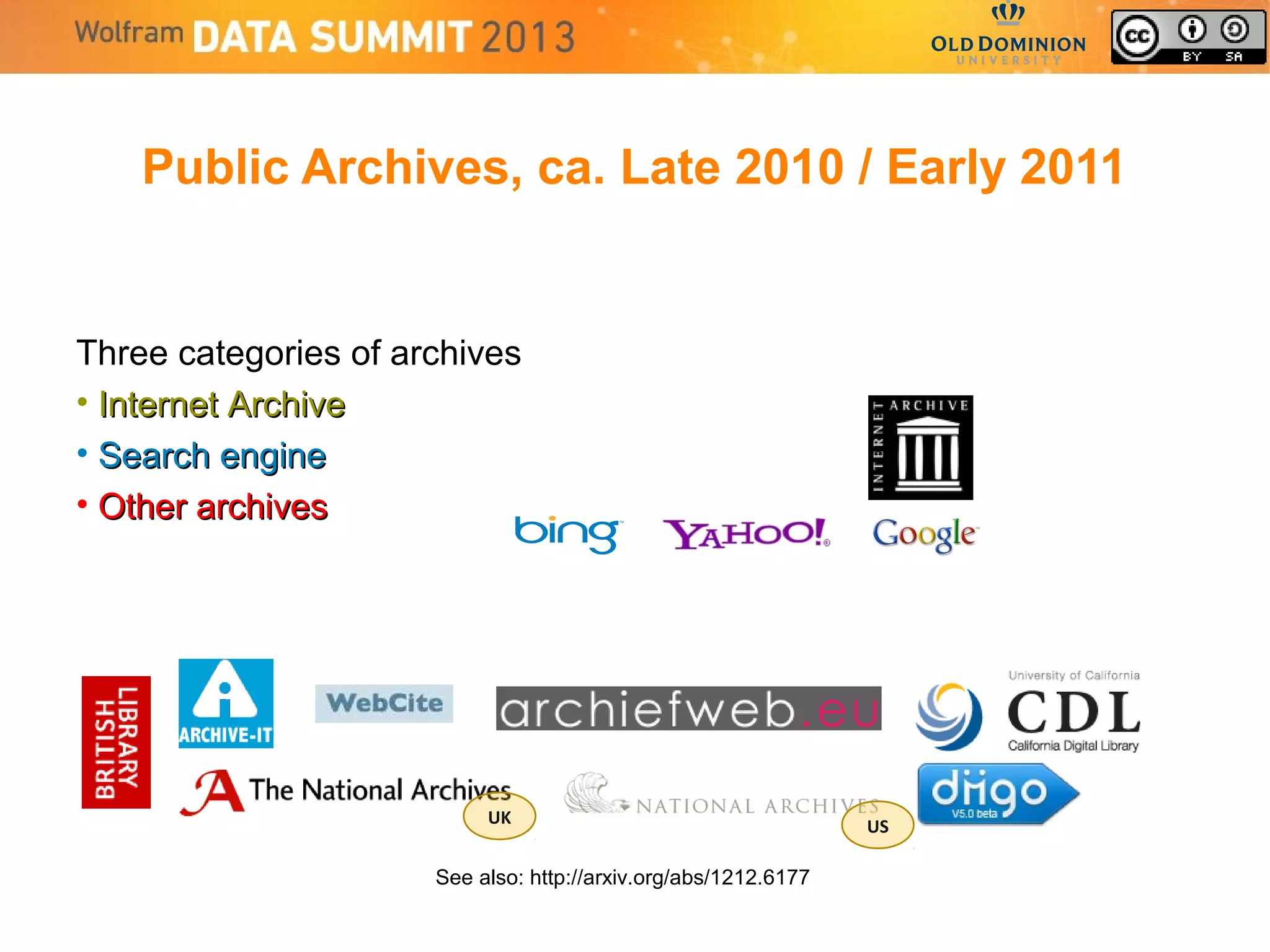 Public Archives, ca. Late 2010 / Early 2011
Three categories of archives
• Internet ArchiveInternet Archive
• Search engineSearch engine
• Other archivesOther archives
UK US
See also: http://arxiv.org/abs/1212.6177
 