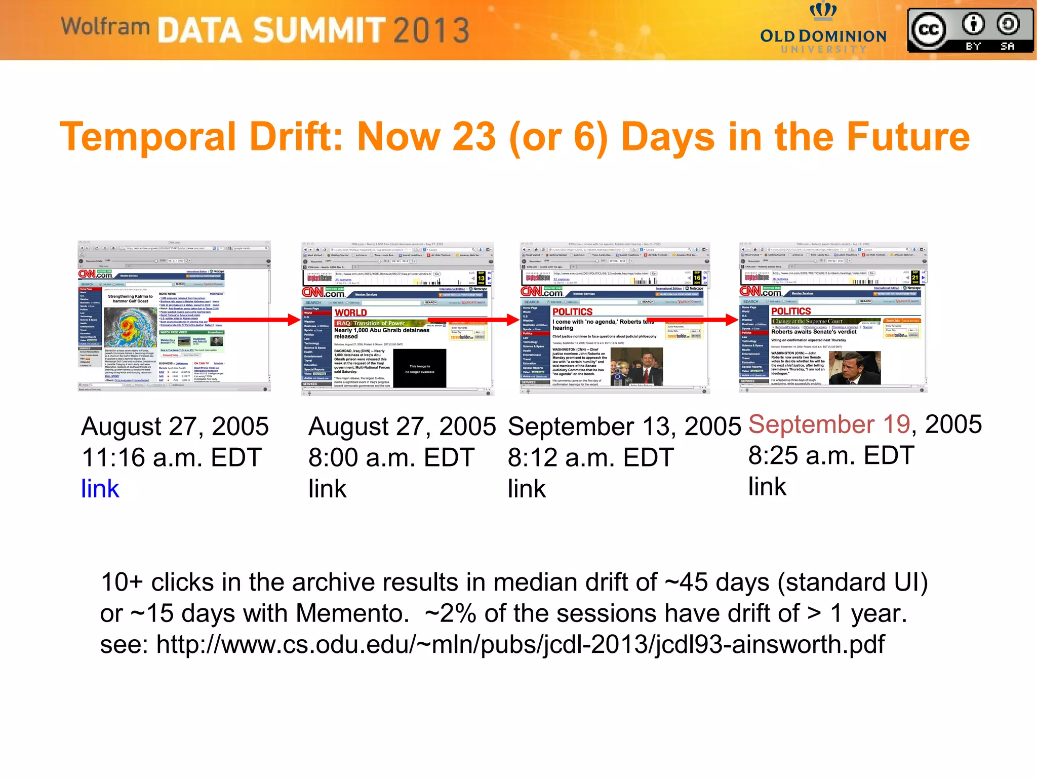 Temporal Drift: Now 23 (or 6) Days in the Future
August 27, 2005
11:16 a.m. EDT
link
August 27, 2005
8:00 a.m. EDT
link
September 13, 2005
8:12 a.m. EDT
link
September 19, 2005
8:25 a.m. EDT
link
10+ clicks in the archive results in median drift of ~45 days (standard UI)
or ~15 days with Memento. ~2% of the sessions have drift of > 1 year.
see: http://www.cs.odu.edu/~mln/pubs/jcdl-2013/jcdl93-ainsworth.pdf
 