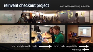 reinvent checkout project lean ux/engineering in action
from whiteboard to code from code to usability
learnings
 