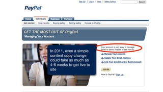 In 2011, even a simple 
content copy change 
could take as much as 
4-6 weeks to get live to 
site 
 