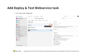 Add Deploy & Test Webservice task
Copyright (c) Microsoft Corporation. All rights reserved. @Korkrid Akepanidtaworn, GSMO Digital Transformation Partnerships Team
 