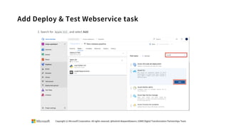 Add Deploy & Test Webservice task
Copyright (c) Microsoft Corporation. All rights reserved. @Korkrid Akepanidtaworn, GSMO Digital Transformation Partnerships Team
 