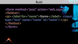 Build

<form method="post" action="wds.aspx">
<ﬁeldset>
<p><label for="name">Name</label> <input
type="text" name="name" id="name"></p>
</ﬁeldset>
</form>
 
