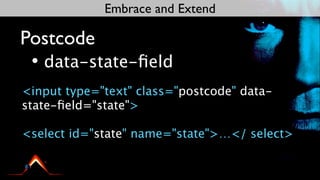 Embrace and Extend

Postcode
 • data-state-ﬁeld
<input type="text" class="postcode" data-
state-ﬁeld="state">

<select id="state" name="state">…</ select>
 