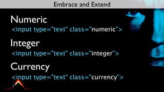 Embrace and Extend

Numeric
<input type="text" class="numeric">

Integer
<input type="text" class="integer">

Currency
<input type="text" class="currency">
 