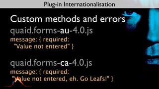 Plug-in Internationalisation

Custom methods and errors
quaid.forms-au-4.0.js
message: { required:
 "Value not entered" }

quaid.forms-ca-4.0.js
message: { required:
"Value not entered, eh. Go Leafs!" }
 