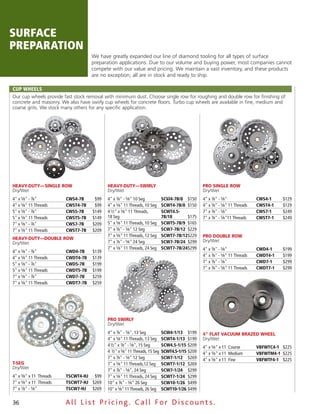 surface
preparation
                                    We have greatly expanded our line of diamond tooling for all types of surface
                                    preparation applications. Due to our volume and buying power, most companies cannot
                                    compete with our value and pricing. We maintain a vast inventory, and these products
                                    are no exception; all are in stock and ready to ship.

Cup WheelS
Our cup wheels provide fast stock removal with minimum dust. Choose single row for roughing and double row for finishing of
concrete and masonry. We also have swirly cup wheels for concrete floors. Turbo cup wheels are available in fine, medium and
coarse grits. We stock many others for any specific application.




Heavy-Duty— Single Row                     Heavy-Duty— SwiRly                                     PRo Single Row
Dry/Wet                                    Dry/Wet                                                Dry/Wet
4" x 5⁄8" - 7⁄8"         CWS4-7B     $99   4" x 7⁄8" - 5⁄8" 10 Seg            SCW4-7B/8 $150      4" x 7⁄8" - 5⁄8"              CWS4-1    $129
4" x 5⁄8" 11 Threads     CWST4-7B    $99   4" x 5⁄8" 11 Threads, 10 Seg       SCWT4-7B/8 $150     4" x 7⁄8" - 5⁄8" 11 Threads   CWST4-1   $129
5" x 5⁄8" - 7⁄8"         CWS5-7B    $149   4 1⁄2" x 5⁄8" 11 Threads,          SCWT4.5-            7" x 7⁄8" - 5⁄8"              CWS7-1    $249
5" x 5⁄8" 11 Threads     CWST5-7B   $149   18 Seg                             7B/18      $175     7" x 7⁄8" - 5⁄8"11 Threads    CWST7-1   $249
7" x 5⁄8" - 7⁄8"         CWS7-7B    $209   5" x 5⁄8" 11 Threads, 10 Seg       SCWT5-7B/9 $165
7" x 5⁄8" 11 Threads     CWST7-7B   $209   7" x 7⁄8" - 5⁄8" 12 Seg            SCW7-7B/12 $229
                                           7" x 5⁄8" 11 Threads, 12 Seg       SCWT7-7B/12$229     PRo Double Row
Heavy-Duty—Double Row
                                           7" x 7⁄8" - 5⁄8" 24 Seg            SCW7-7B/24 $299     Dry/Wet
Dry/Wet
                                           7" x 5⁄8" 11 Threads, 24 Seg       SCWT7-7B/24$299     4" x 7⁄8" - 5⁄8"              CWD4-1    $199
4" x 5⁄8" - 7⁄8"         CWD4-7B    $139
                                                                                                  4" x 7⁄8" - 5⁄8" 11 Threads   CWDT4-1   $199
4" x 5⁄8" 11 Threads     CWDT4-7B   $139
                                                                                                  7" x 7⁄8" - 5⁄8"              CWD7-1    $299
5" x 5⁄8" - 7⁄8"         CWD5-7B    $199
                                                                                                  7" x 7⁄8" - 5⁄8" 11 Threads   CWDT7-1   $299
5" x 5⁄8" 11 Threads     CWDT5-7B   $199
7" x 5⁄8" - 7⁄8"         CWD7-7B    $259
7" x 5⁄8" 11 Threads     CWDT7-7B   $259




                                           PRo SwiRly
                                           Dry/Wet
                                           4" x 7⁄8" - 5⁄8", 13 Seg           SCW4-1/13 $199      4" Flat vacuum bRazeD wHeel
                                           4" x 5⁄8" 11 Threads, 13 Seg       SCWT4-1/13 $199     Dry/Wet
                                           4 1⁄2" x 7⁄8" - 5⁄8", 15 Seg       SCW4.5-1/15 $209    4" x 5⁄8" x 11 Course         VBFWTC4-1 $225
                                           4 1⁄2" x 5⁄8" 11 Threads, 15 Seg   SCWT4.5-1/15 $209   4" x 5⁄8" x 11 Medium         VBFWTM4-1 $225
                                           7" x 7⁄8" - 5⁄8" 12 Seg            SCW7-1/12 $269      4" x 5⁄8" x 11 Fine           VBFWTF4-1 $225
t-Seg                                      7" x 5⁄8" 11 Threads,12 Seg        SCWT7-1/12 $269
Dry/Wet
                                           7" x 7⁄8" - 5⁄8", 24 Seg           SCW7-1/24 $299
4" x 5⁄8" x 11 Threads   TSCWT4-hJ $99     7" x 5⁄8" 11 Threads, 24 Seg       SCWT7-1/24 $299
7" x 5⁄8" x 11 Threads   TSCWT7-hJ $269    10" x 7⁄8" - 5⁄8" 26 Seg           SCW10-1/26 $499
7" x 7⁄8" - 5⁄8"         TSCW7-hJ $269     10" x 5⁄8" 11 Threads, 26 Seg      SCWT10-1/26 $499


36                       All List Pricing. Call For Discount s.
 