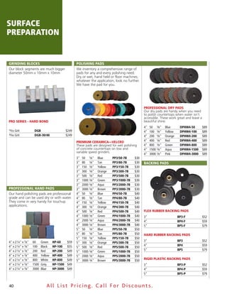surface
preparation


grinding Blocks                                       PolisHing Pads
Our block segments are much bigger                    We inventory a comprehensive range of
diameter 50mm x 10mm x 10mm                           pads for any and every polishing need.
                                                      Dry or wet, hand held or floor machines;
                                                      whatever the application, look no further.
                                                      We have the pad for you.




                                                                                                      ProFeSSioNal DrY PaDS
                                                                                                      Our dry pads are handy when you need
                                                                                                      to polish countertops when water isn’t
                                                                                                      accessible. These work great and leave a
Pro SerieS - HarD boND                                                                                beautiful shine.
                                                                                                      4"   50     5⁄8"   Blue      dPHW4-50      $89
16⁄20 Grit            dgB                      $249                                                   4"   100    5⁄8"   Yellow    dPHW4-100     $89
30⁄40 Grit            dgB-30/40                $249                                                   4"   200    5⁄8"   Orange    dPHW4-200     $89
                                                      Premium CeramiCa—VelCro                         4"   400    5⁄8"   Red       dPHW4-400     $89
                                                      These pads are designed for wet polishing       4"   800    5⁄8"   Green     dPHW4-800     $89
                                                      of concrete countertops on low and              4"   1500   5⁄8"   Aqua      dPHW4-1500    $89
                                                      variable speed grinders.
                                                                                                      4"   3000   5⁄8"   Pink      dPHW4-3000    $89
                                                      3"   50     5⁄8"   Blue     PP3/50-7B     $30
                                                      3"   80     5⁄8"   Tan      PP3/80-7B     $30   Backing Pads
                                                      3"   150    5⁄8"   Yellow   PP3/150-7B    $30
                                                      3"   300    5⁄8"   Orange   PP3/300-7B    $30
                                                      3"   500    5⁄8"   Red      PP3/500-7B    $30
                                                      3"   1000   5⁄8"   Green    PP3/1000-7B   $30
                                                      3"   2000   5⁄8"   Aqua     PP3/2000-7B   $30
Professional Hand Pads                                3"   3000   5⁄8"   Brown    PP3/3000-7B   $30
Our hand polishing pads are professional              4"   50     5⁄8"   Blue     PP4/50-7B     $40
grade and can be used dry or with water.              4"   80     5⁄8"   Tan      PP4/80-7B     $40
They come in very handy for touchup                   4"   150    5⁄8"   Yellow   PP4/150-7B    $40
applications.                                         4"   300    5⁄8"   Orange   PP4/300-7B    $40
                                                      4"   500    5⁄8"   Red      PP4/500-7B    $40   Flex rubber baCkiNg PaDS
                                                      4"   1000   5⁄8"   Green    PP4/1000-7B   $40   3"                          BP3-f          $52
                                                      4"   2000   5⁄8"   Aqua     PP4/2000-7B   $40   4"                          BP4-f          $59
                                                      4"   3000   5⁄8"   Brown    PP4/3000-7B   $40   5"                          BP5-f          $79
                                                      5"   50     5⁄8"   Blue     PP5/50-7B     $50
                                                      5"   80     5⁄8"   Tan      PP5/80-7B     $50   HarD rubber baCkiNg PaDS
                                                      5"   150    5⁄8"   Yellow   PP5/150-7B    $50
4" x 2 1⁄4" x 7⁄8"   60     Green    HP-60     $59                                                    3"                          BP3            $52
                                                      5"   300    5⁄8"   Orange   PP5/300-7B    $50
4" x 2 1⁄4" x 7⁄8"   100    Black    HP-100    $55                                                    4"                          BP4            $59
                                                      5"   500    5⁄8"   Red      PP5/500-7B    $50
4" x 2 1⁄4" x 7⁄8"   200    Red      HP-200    $49                                                    5"                          BP5            $79
                                                      5"   1000   5⁄8"   Green    PP5/1000-7B   $50
4" x 2 1⁄4" x 7⁄8"   400    Yellow   HP-400    $49    5"   2000   5⁄8"   Aqua     PP5/2000-7B   $50
4" x 2 1⁄4" x 7⁄8"   800    White    HP-800    $49                                                    rigiD PlaStiC baCkiNg PaDS
                                                      5"   3000   5⁄8"   Brown    PP5/3000-7B   $50
4" x 2 1⁄4" x 7⁄8"   1500   Grey     HP-1500   $49                                                    3"                          BP3-P          $52
4" x 2 1⁄4" x 7⁄8"   3000   Blue     HP-3000   $49                                                    4"                          BP4-P          $59
                                                                                                      5"                          BP5-P          $79


40                              All List Pricing. Call For Discount s.
 