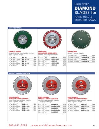 HigH speed
                                                                                                   DiamonD
                                                                                                   Blades for
                                                                                                   Hand Held &
                                                                                                   Masonry saws

Cured ConCrete




Super Gp® SerieS                              CArNiVOre®                                Super TurbO
general purpose, laser welded, dry/wet,       NiCeCuT prO SerieS LASer                  general purpose, dry/wet
.320" segment Height                          welded .320" segment Height
                                                                                        12" x .125" x 1"     StGP12-H           $499
12" X .125" X 1"     SGP12-1           $450   12" X .125" X 1"     CnC12-1       $500   12" x .125" x 20mm   StGP12-H/20        $499
12" X .125" X 20mm   SGP12-1/20        $450   12" X .125" X 20mm   CnC12-1/20    $500   14" x .125" x 1"     StGP14-H           $549
14" x .125" x 1"     SGP14-1           $500   14" x .125" x 1"     CnC14-1       $550   14" x .125" x 20mm   StGP14-H/20        $549
14" x .125" x 20mm   SGP14-1/20        $500   14" x .125" x 20mm   CnC14-1/20    $550
16" x .125" x 1"     SGP16-1           $600   16" x .125" x 1"     CnC16-1       $650




ASPHAlt & Green ConCrete




rOAd ruNNer®                                  rOAd ruNNer®                              rOAd ruNNer®
ASphALT & GreeN CONCreTe                      ASphALT & GreeN CONCreTe                  ASphALT & GreeN CONCreTe
Heavy-duty, laser welded, dry/wet,            premium, laser welded, dry/wet,           Ultra supreme, laser welded, dry/wet,
.300" segment Height                          .320" segment Height                      .380" segment Height
12" x .125" x 1"     dAG12-1           $299   12" x .125" x 1"     dAGP12-1      $399   12" x .125" x 1"     dAGX12-1           $500
12" x .125" x 20mm   dAG12-1/20        $299   12" x .125" x 20mm   dAGP12-1/20   $399   12" x .125" x 20mm   dAGX12-1/20        $500
14" x .125" x 1"     dAG14-1           $399   14" x .125" x 1"     dAGP14-1      $499   14" x .125" x 1"     dAGX14-1           $550
14" x .125" x 20mm   dAG14-1/20        $399   14" x .125" x 20mm   dAGP14-1/20   $499   14" x .125" x 20mm   dAGX14-1/20        $550
                                              16" x .125" x 1"     dAGP16-1      $599




8 0 0 - 611 - 8 2 7 8                w w w.wo r ld d ia m o n d s o u rc e .c o m                                                43
 