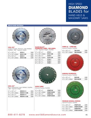 HigH speed
                                                                                                   DiamonD
                                                                                                   Blades for
                                                                                                   Hand Held &
                                                                                                   Masonry saws

Brick/Hard Material




                                              Silver Bullet™,                           turBo Xl - 12mm rim
Cool Cut™
Cured Concrete, premium, laser welded,        Segmented turBo - Pro SerieS,             general purpose, dry/wet
dry/wet, .300" segment Height                 .375" segment Height, dry/wet
                                                                                        14" x .125" x 1"     tXl14-HJ       $399
12" x .110" x 1"     dc12-1            $299   12" x .125" x 1"     St12-1        $439   14" x .125" x 20mm   tXl14-HJ/20    $399
12" x .110" x 20mm   dc12-1/20         $299   12" x .125" x 20mm   St12-1/20     $439
14" x .110" x 1"     dc14-1            $399   14" x .125" x 1"     St14-1        $499
14" x .110" x 20mm   dc14-1/20         $399   14" x .125" x 20mm   St14-1/20     $499
                                              16" x .125" x 1"     St16-1        $599
                                              18" x .125" x 1"     St18-1        $699
                                              20" x .125" x 1"     St20-1        $859




                                                                                        Samurai Segmented
                                                                                        general purpose, dry/wet
                                                                                        14" x .125" x 1"     SG14-HJ        $399
                                                                                        14" x .125" x 20mm   SG14-HJ/20     $399




Cool Cut™                                     SuPer turBo
Brick, professional, laser welded, dry/wet,   general purpose, dry/wet
.380" segment Height
                                              12" x .125" x 1"     StGP12-H      $499
12" x .110" x 1"     dcU12-1-1         $450
                                              12" x .125" x 20mm   StGP12-H/20   $499
12" x .110" x 20mm   dcU12-1-1/20      $450
                                              14" x .125" x 1"     StGP14-H      $549
14" x .110" x 1"     dcU14-1-1         $500
                                              14" x .125" x 20mm   StGP14-H/20   $549
14" x .110" x 20mm   dcU14-1-1/20      $500


                                                                                        Premium general PurPoSe
                                                                                        general purpose, dry/wet
                                                                                        12" x .125" x 1"     StGP12-HJ      $399
                                                                                        12" x .125" x 20mm   StGP12-HJ/20   $399
                                                                                        14" x .125" x 1"     StGP14-HJ      $399
                                                                                        14" x .125" x 20mm   StGP14-HJ/20   $399


8 0 0 - 611 - 8 2 7 8               w w w.wo r ld d ia m o n d s o u rc e .c o m                                             45
 