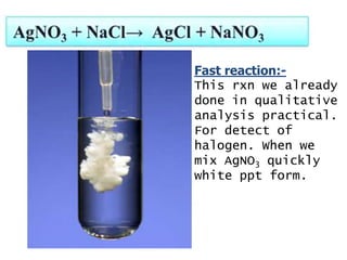 Fast reaction:-
This rxn we already
done in qualitative
analysis practical.
For detect of
halogen. When we
mix AgNO3 quickly
white ppt form.
 