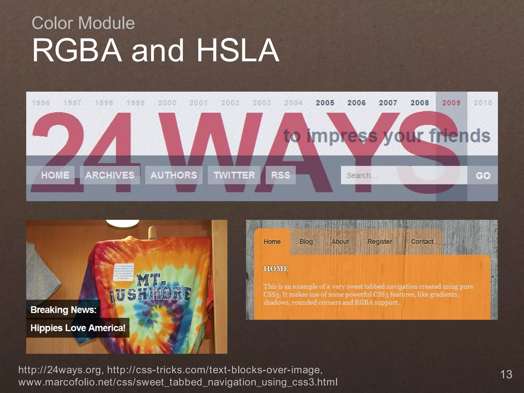 Color Module RGBA and HSLA http://24ways.org, http://css-tricks.com/text-blocks-over-image, 13 www.marcofolio.net/css/sweet_tabbed_navigation_using_css3.html 