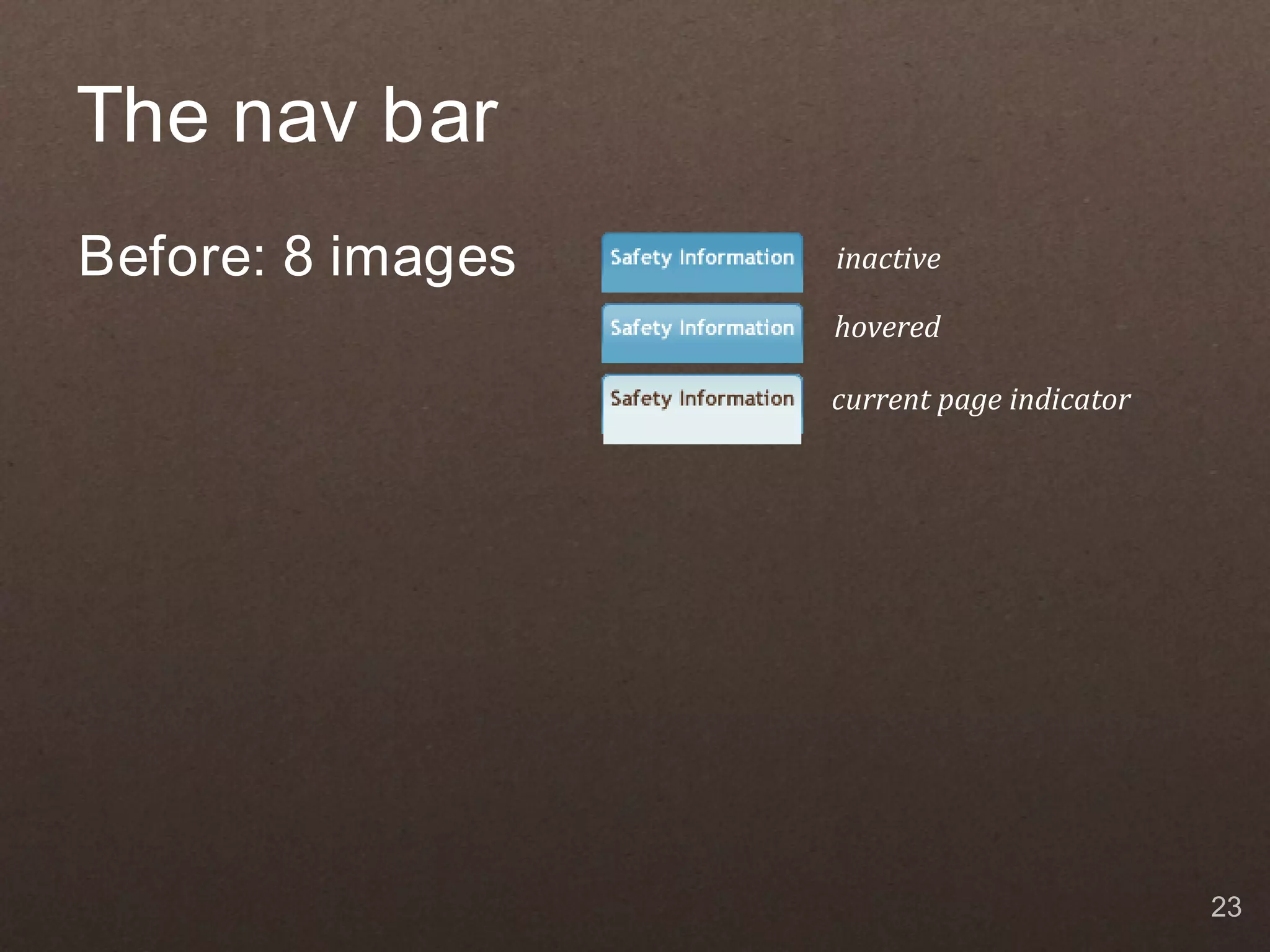 The nav bar Before: 8 images inactive hovered current page indicator 23 