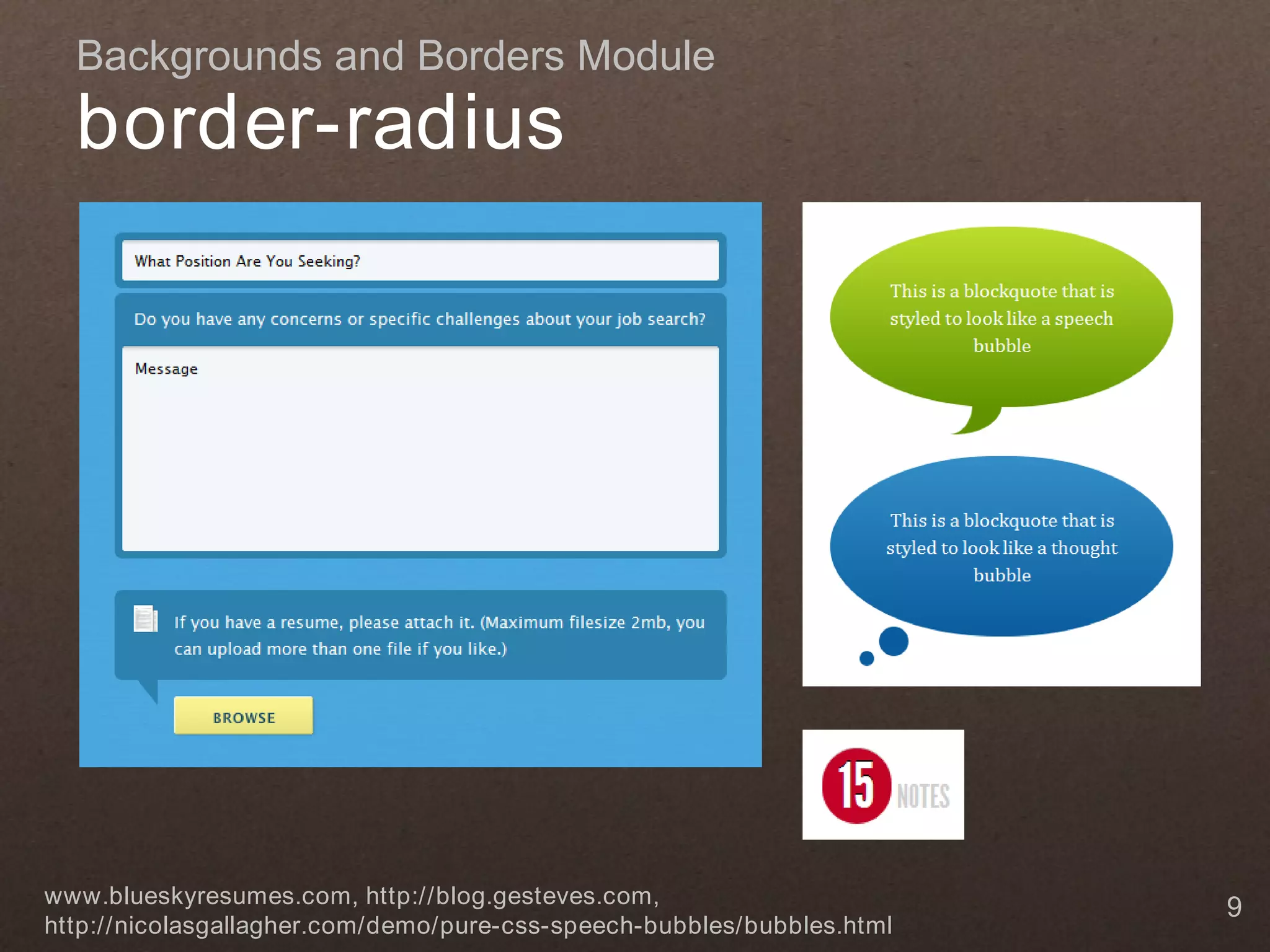 Backgrounds and Borders Module border-radius www.blueskyresumes.com, http://blog.gesteves.com, 9 http://nicolasgallagher.com/demo/pure-css-speech-bubbles/bubbles.html 
