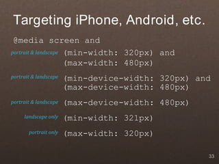Targeting iPhone, Android, etc.
 @media screen and
portrait & landscape (min-width: 320px) and

                     (max-width: 480px)
portrait & landscape   (min-device-width: 320px) and
                       (max-device-width: 480px)
portrait & landscape   (max-device-width: 480px)
     landscape only    (min-width: 321px)
       portrait only   (max-width: 320px)

                                                   33
 