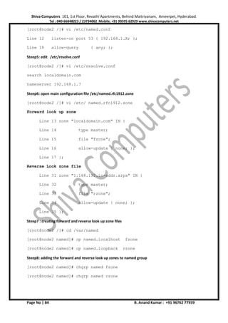 Shiva Computers 101, 1st Floor, Revathi Apartments, Behind Maitrivanam, Ameerpet, Hyderabad.
Tel : 040-66848223 / 23734062 Mobile: +91 99595 62929 www.shivacomputers.net
Page No | 84 B. Anand Kumar : +91 96762 77939
[root@node2 /]# vi /etc/named.conf
Line 12 listen-on port 53 { 192.168.1.X; };
Line 18 allow-query { any; };
Steep5: edit /etc/resolve.conf
[root@node2 /]# vi /etc/resolve.conf
search localdomain.com
nameserver 192.168.1.7
Steep6: open main configuration file /etc/named.rfc1912.zone
[root@node2 /]# vi /etc/ named.rfc1912.zone
Forward look up zone
Line 13 zone "localdomain.com" IN {
Line 14 type master;
Line 15 file "fzone";
Line 16 allow-update { none; };
Line 17 };
Reverse Look zone file
Line 31 zone "1.168.192.in-addr.arpa" IN {
Line 32 type master;
Line 33 file "rzone";
Line 34 allow-update { none; };
Line 35 };
Steep7 : creating forward and reverse look up zone files
[root@node2 /]# cd /var/named
[root@node2 named]# cp named.localhost fzone
[root@node2 named]# cp named.loopback rzone
Steep8: adding the forward and reverse look up zones to named group
[root@node2 named]# chgrp named fzone
[root@node2 named]# chgrp named rzone
 