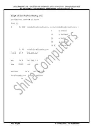 Shiva Computers 101, 1st Floor, Revathi Apartments, Behind Maitrivanam, Ameerpet, Hyderabad.
Tel : 040-66848223 / 23734062 Mobile: +91 99595 62929 www.shivacomputers.net
Page No | 85 B. Anand Kumar : +91 96762 77939
Steep9: edit fzone file (forward look up zone)
[root@node2 named]# vi fzone
$TTL 1D
@ IN SOA node2.localdomain.com. root.node2.localdomain.com. (
0 ; serial
1D ; refresh
1H ; retry
1W ; expire
3H ) ; minimum
In NS node2.localdomain.com.
node2 IN A 192.168.1.7
web IN A 192.168.1.9
www CNAME web
mailser IN A 192.168.1.10
localdomain.com IN MX mailser
 