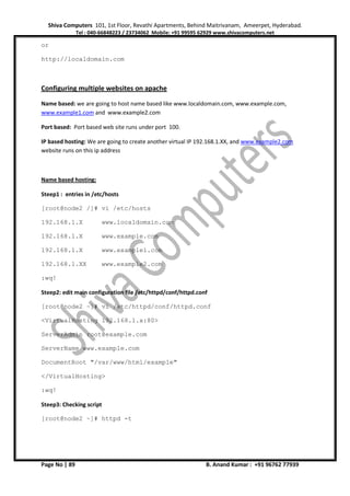Shiva Computers 101, 1st Floor, Revathi Apartments, Behind Maitrivanam, Ameerpet, Hyderabad.
Tel : 040-66848223 / 23734062 Mobile: +91 99595 62929 www.shivacomputers.net
Page No | 89 B. Anand Kumar : +91 96762 77939
or
http://localdomain.com
Configuring multiple websites on apache
Name based: we are going to host name based like www.localdomain.com, www.example.com,
www.example1.com and www.example2.com
Port based: Port based web site runs under port 100.
IP based hosting: We are going to create another virtual IP 192.168.1.XX, and www.example2.com
website runs on this ip address
Name based hosting:
Steep1 : entries in /etc/hosts
[root@node2 /]# vi /etc/hosts
192.168.1.X www.localdomain.com
192.168.1.X www.example.com
192.168.1.X www.example1.com
192.168.1.XX www.example2.com
:wq!
Steep2: edit main configuration file /etc/httpd/conf/httpd.conf
[root@node2 ~]# vi /etc/httpd/conf/httpd.conf
<VirtualHosting 192.168.1.x:80>
ServerAdmin root@example.com
ServerName www.example.com
DocumentRoot "/var/www/html/example"
</VirtualHosting>
:wq!
Steep3: Checking script
[root@node2 ~]# httpd -t
 
