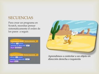 Para crear un programa en
Scratch, necesitas pensar
sistemáticamente el orden de
los pasos a seguir.
SECUENCIAS
Aprendimos a controlar a un objeto en
dirección derecha o izquierda