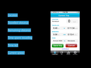 Location

Travelled distance

Remaining distance

Time spent travelling

Time left

Current speed
 
