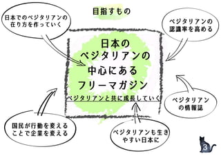 3
目指すもの
ベジタリアンの
認識率を高める
ベジタリアン
の情報誌
日本でのベジタリアンの
在り方を作っていく
日本の
ベジタリアンの
中心にある
フリーマガジン
ベジタリアンと共に成長していく
国民が行動を変える
ことで企業を変える ベジタリアンも生き
やすい日本に
3
 