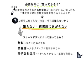 無料⇒大きく広めるため
情報誌⇒大手メディアに左右されない
電子版も活用⇒H Pへのアクセス・拡散を容易に
化粧品を作るために動物実験が行われていると知ったら
一体どれだけの女性が行動を変えるでしょうか
なぜ今は変わらないのか、それは知らないから
例えば…
必要なのは〝知ってもらう”
フリーマガジンによって知ってもらう
知らない＝選択肢にあがらない
6
 