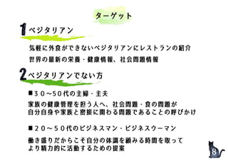■３０～5０代の主婦・主夫
■２０～５０代のビジネスマン・ビジネスウーマン
気軽に外食ができないベジタリアンにレストランの紹介
世界の最新の栄養・健康情報、社会問題情報
家族の健康管理を担う人へ、社会問題・食の問題が
自分自身や家族と密接に関わる問題であることの呼びかけ
働き盛りだからこそ自分の体調を顧みる時間を取って
より精力的に活動するための提案
ターゲット
ベジタリアン
ベジタリアンでない方
8
 