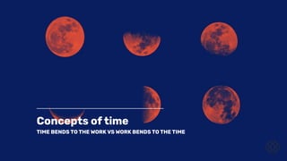 Concepts of time
TIME BENDS TO THE WORK VS WORK BENDS TO THE TIME
 
